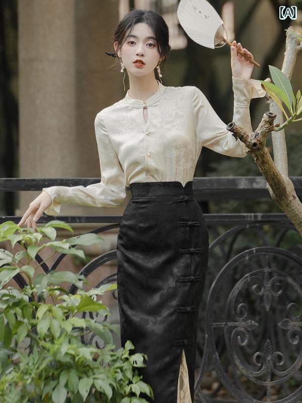 レディース ドレス おしゃれ 中国 チャイナ ドレス ユニークな チャイナ風 ジャカード シャツ スリム スリットドレス レディース エレガントな 知的 スカート