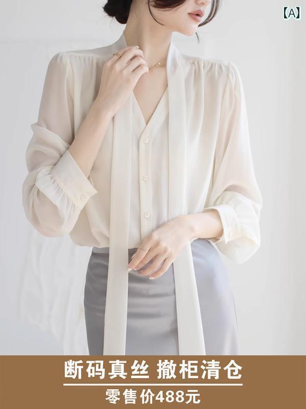 秋レディース上品でシックフレンチロングスリーブシルクシャツ。エレガントでなには蝶結びやリボンが飾..