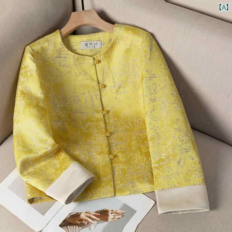 レディース ドレス おしゃれ 高級 イエロー 新 中国 ジャカード ラウンドネック ジャケット 女性用 202..