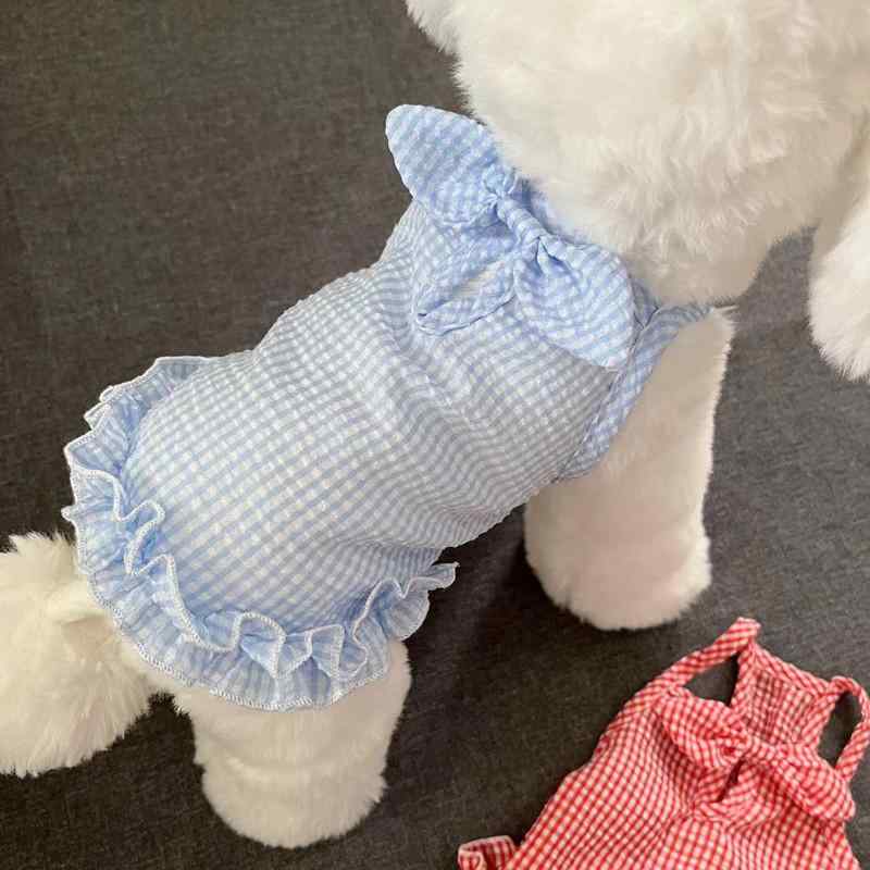 ワンピース 犬用 猫用 ペット服 春夏 かわいい チェック柄 リボン キャミソール型 薄手 通気性 伸縮性 快適 ドッグウェア キャットウェア 小型犬用 テディベア ビションフリーゼ お出かけ 散歩 お散歩用 部屋着 普段着 軽量 吸湿速乾 柔らかい 快