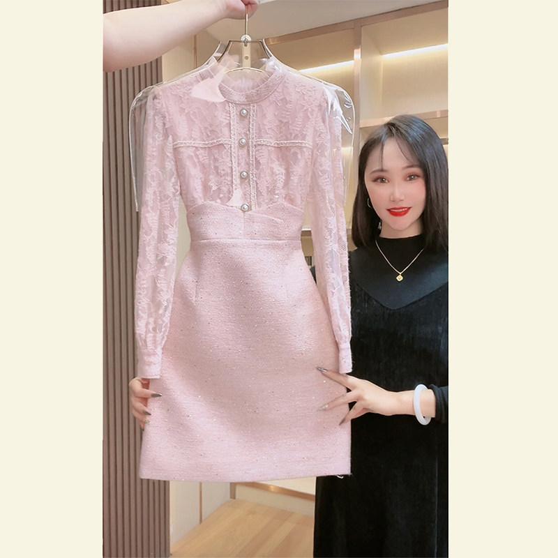 ワンピース レディース ピンク系 レース 切り替え ドレス 長袖 ミモレ丈 フェミニン きれいめ 上品 高級感 お嬢様風 セレブ風 コンサバ エレガント パーティー 発表会 二次会 お呼ばれ デート お出かけ カジュアル きちんと感 着痩せ 細見え ゆっ
