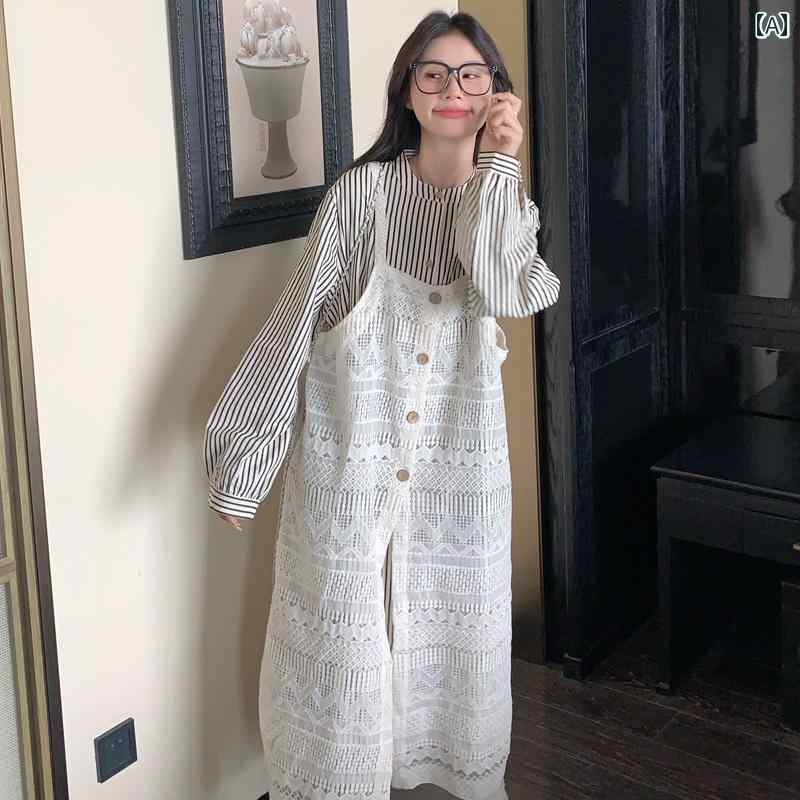 2025春の法式レースのブラウスとシャツワンピースのセットアップ。一枚で着用するとまるでドレスのようなロングドレスです。