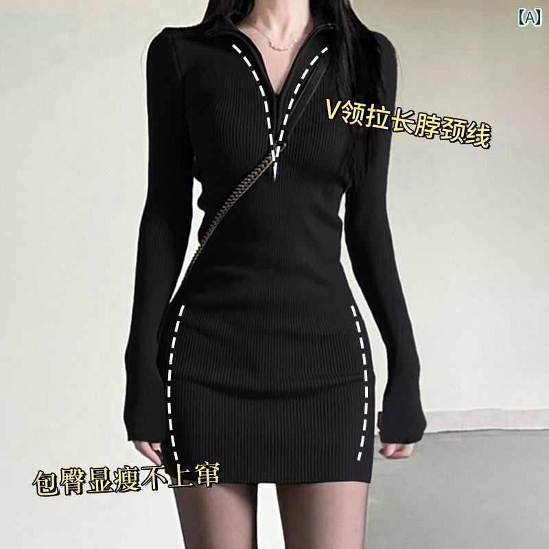 2025年の黒のボディコンスカート。春から冬まで着用可能で魅惑的ニットワンピースをインナーに合わせた..