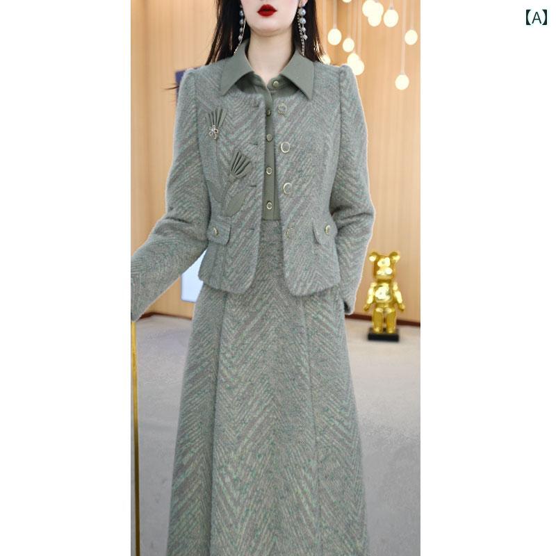 美しい冬用スーツ2025大ヒットの高級感じるお姫様風のシャツ付き襟元にファーが加えられた2点セットの..