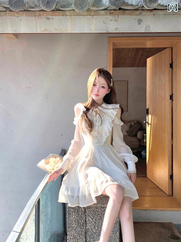 ワンピース ドレス レディース 新たな中国白い薄手シフォンのワンピース春の長袖ウエストを引き締める..