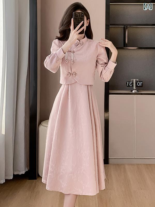 若見え少女が日常的に着用できる中華女性用国風ドレスセットチャイナドレス。春と秋に着用が可能2つセ..