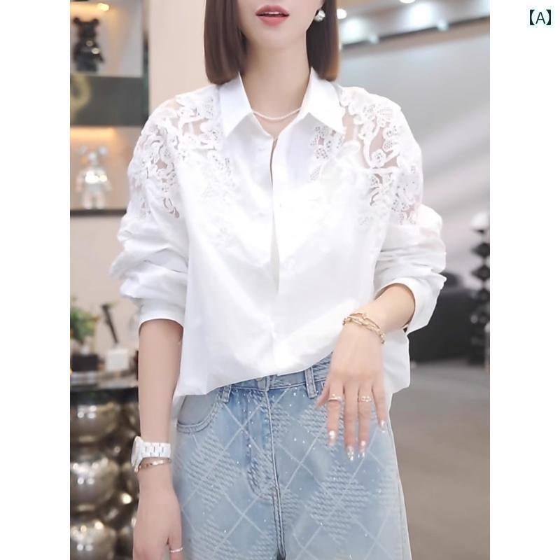 ワンピース ドレス レディース 白色の透かし編みの襟付きシャツ女性用春の薄手大きいサイズ2025年の最..