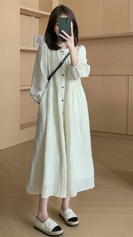 ワンピース レディース 春秋 長袖 体型カバー ゆったり 着痩せ マキシ丈 ロング丈 きれいめ エレガント おしゃれ 上品 大人かわいい シンプル 無地 切り替え ハイウエスト 高級感 普段使い 通勤 お出かけ 発表会 結婚式 二次会 披露宴 ゆったりシ