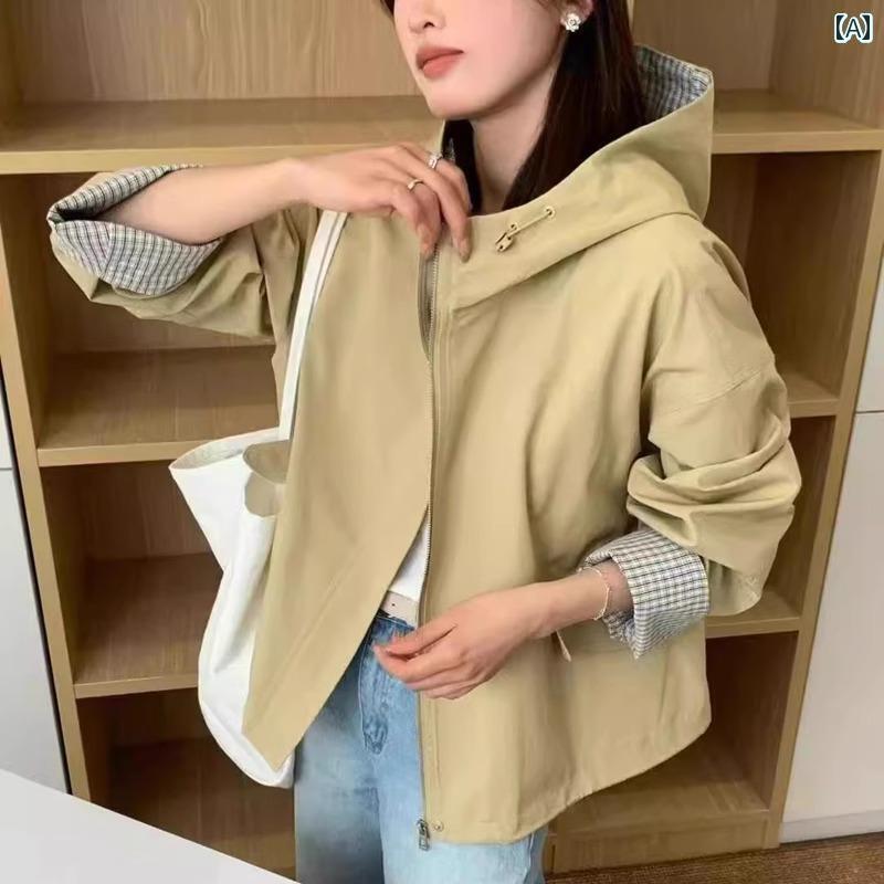 アウター パーカー アウトドア 51AW7325のフードつきのフロントジップブルゾン2025年の新春チェック柄韓国小柄なアウトドアワーカー用カジュアルトップス。