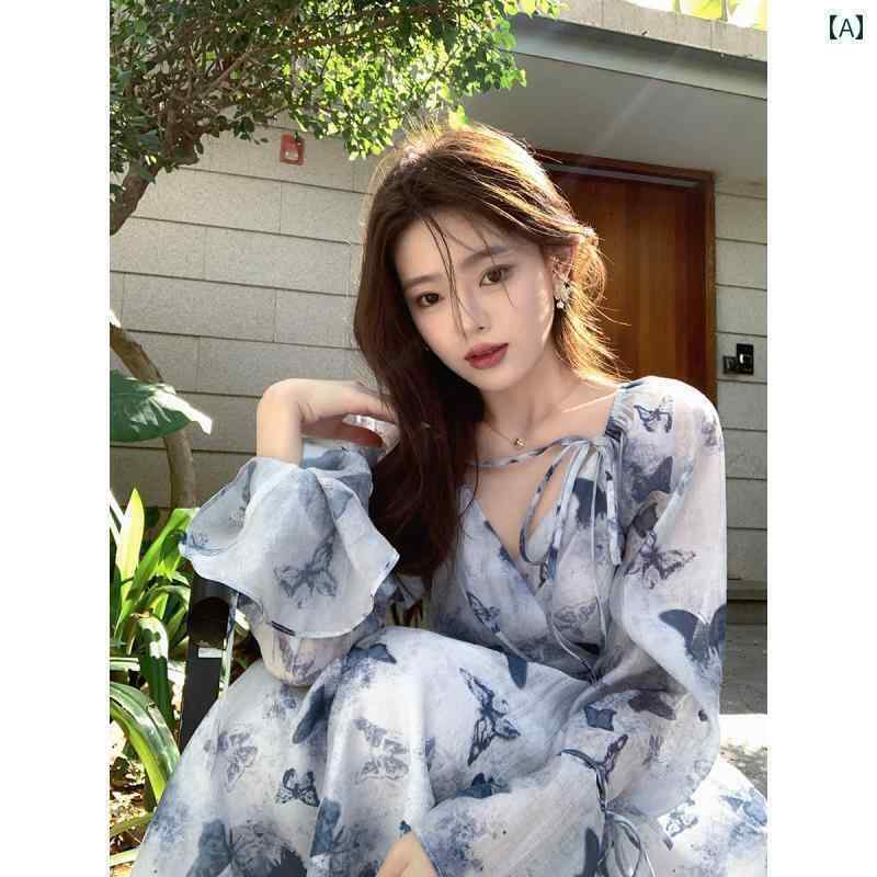 ワンピース ドレス レディース ByYou 春夏 の フレンチ Vネック ブルー 花柄 ワンピース ウエスト 蓮の葉 袖 プリント ロング スカート