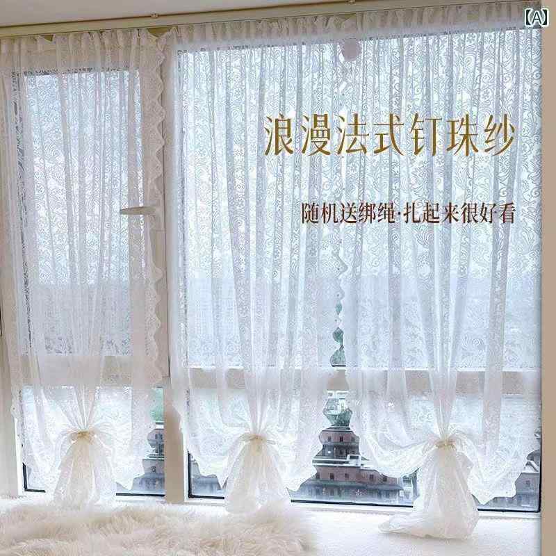 カーテン 遮光 レース ガーゼ カーテン 出窓内 窓 ビーズ フレンチ レトロ パンチ フリー レース 田園 ..