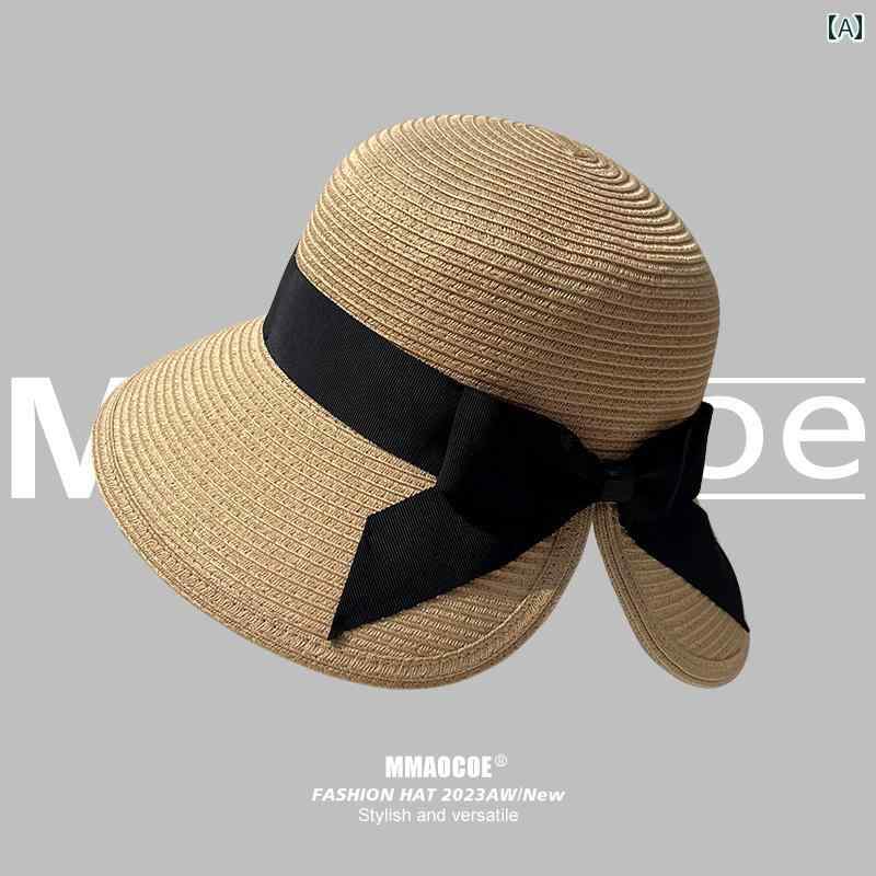 帽子 レディース サンハット 麦わら 帽子 海辺の 日よけ 折りたたみ 式 ポニーテール リボン 顔 出し小..