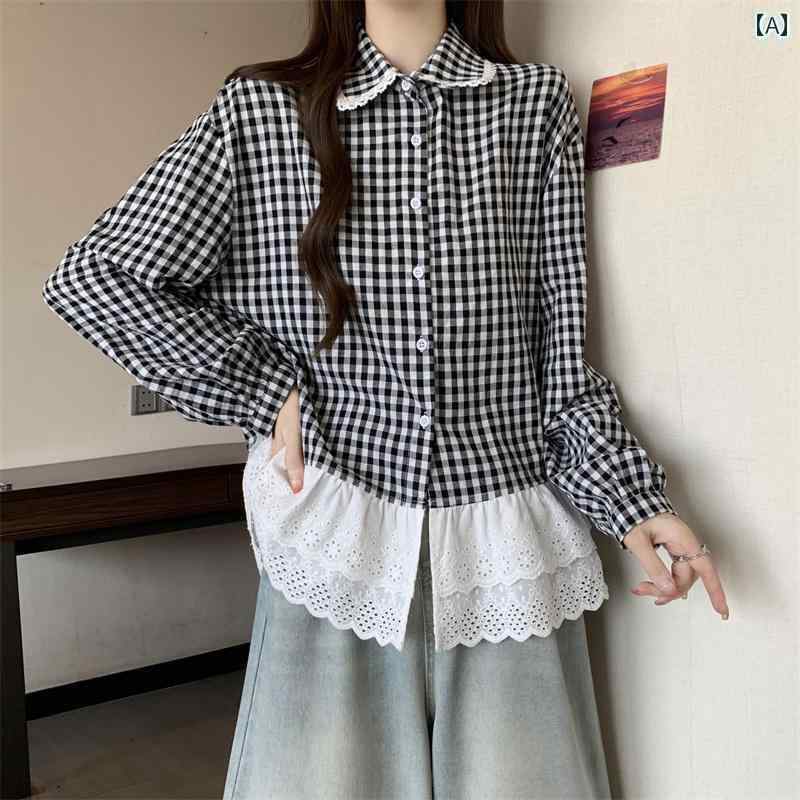レディース チェック トップス 2025年の春にはポロ襟のロングスリーブシャツとフレンチレースのスカートが組み合わさった大きめサイズ胖mmにおすすめの2点セットが登場します。(4)