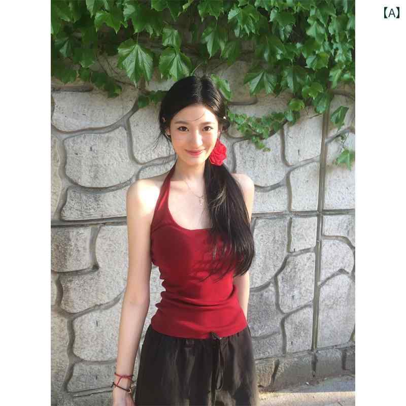 レディース トップス ホルターネック レディース トップス ホルターネック な スタイル 魅惑的 ホット ガール レッド ホルターネック ベスト 女性 夏 2025 スリムフィット スリミング U ネック サスペンダー トップ