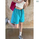 レディース ショート パンツ  アメリカン レトロ ピンクの 速乾 カジュアル ショート パンツ 女性用 夏用 ドローストリング ハイウエスト ワイド レッグ...