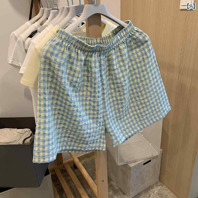 　ショート　ハーフ　パンツ　 ウォーキング パンツ チェック 柄 パジャマ レディース 夏 薄手 ホーム ストレート カジュアル ワイド レッグ アウターウェア ショーツ