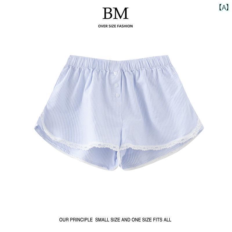 　ショート　ハーフ　パンツ　 BM Fashion 2025 ショーツ ブルー ストライプ レース カジュアル パンツ..