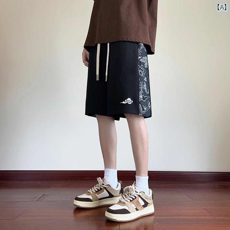 　ショート　ハーフ　パンツ　 チャイナ風 刺繍 ショート パンツ メンズ 夏 2024 ゆったり ストレート ..