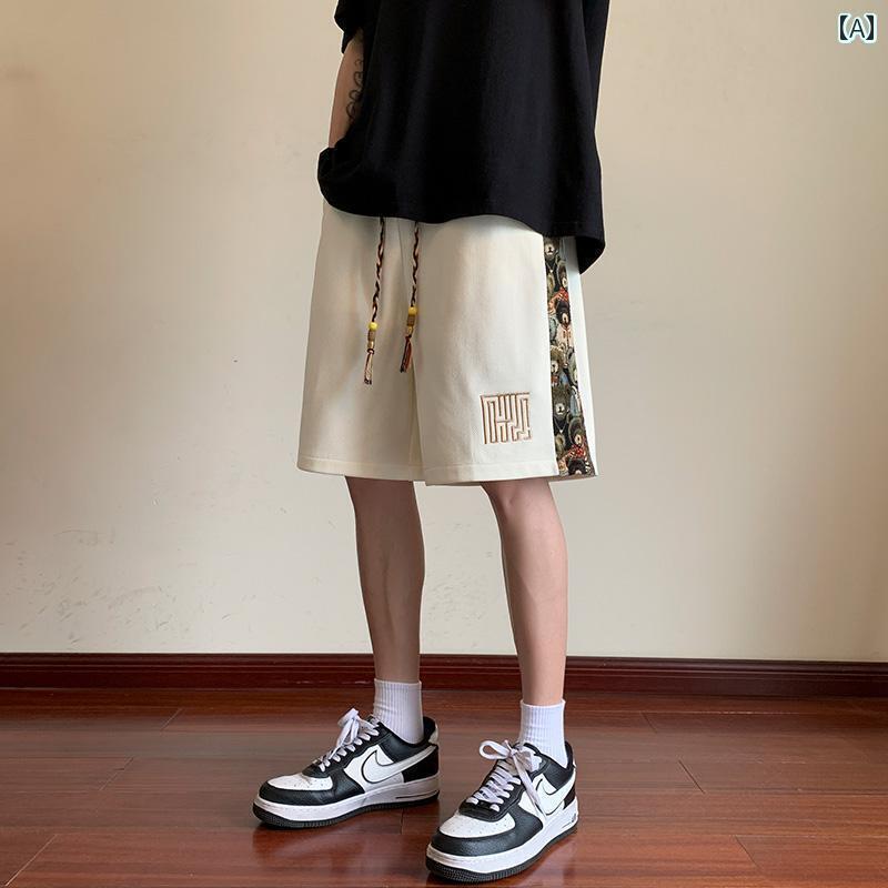 　ショート　ハーフ　パンツ　 の クマの 刺繍 パッチワーク ショート パンツ メンズ 夏 薄手 民族 風 ..