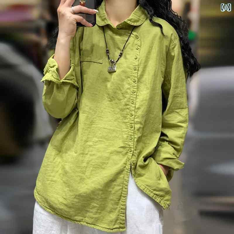 　レディース　シャツ　トップス イタリア 対外 高級 斜め 襟 コットンリネン 長袖 シャツ レディース ..