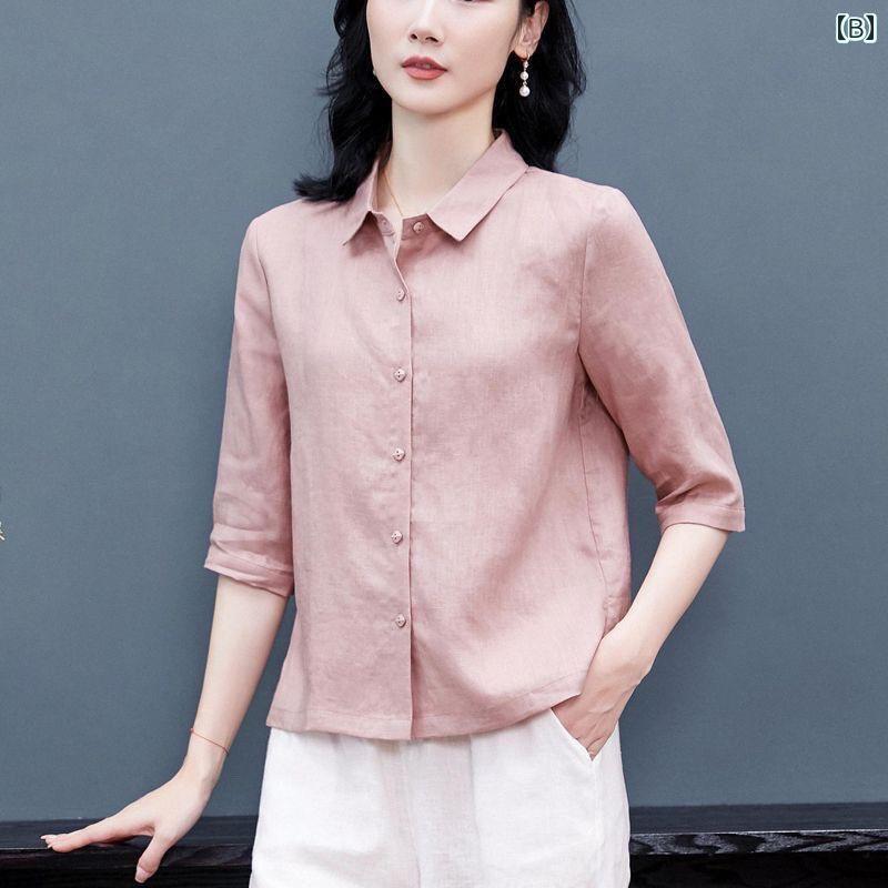 　レディース　シャツ　トップス レディース 高級 シャツ フロント ボタン コットンリネン 夏 薄手 中年 リネンシャツ 万能 Tシャツ 七分袖