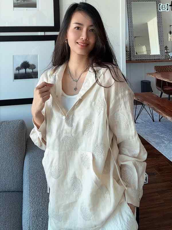 　レディース　シャツ　トップス ネイビー キーズ ゆったり クラシック カジュアル プルオーバー コットン リネン 刺繍 長袖 フード付き シャツ レディース 春夏