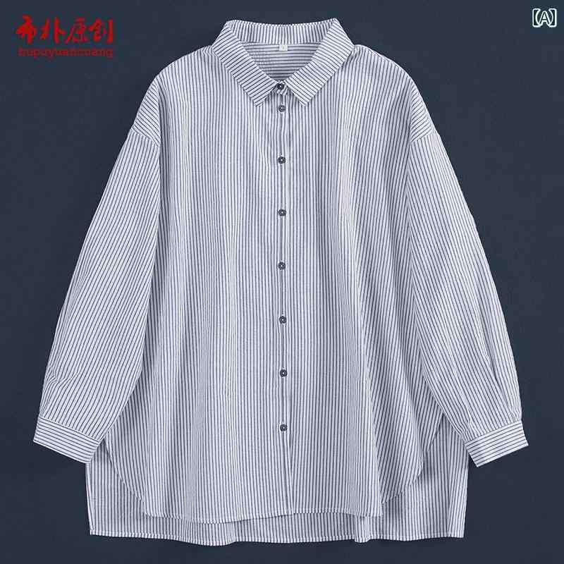 　レディース　シャツ　トップス ブ プ イジュ 2025 春 文芸 カジュアル シャツ 黒 米 ストライプ 綿 質感 肌に 優しい ゆったり 大きい
