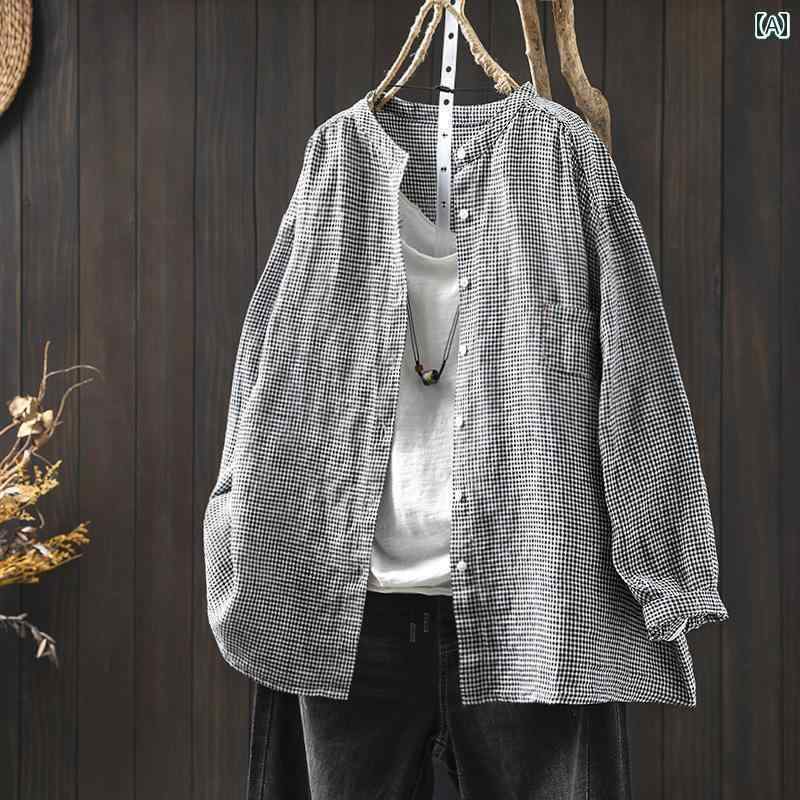 　レディース　シャツ　トップス スタンドカラーリネン チェック シャツ レディース ロングスリーブ ハ..