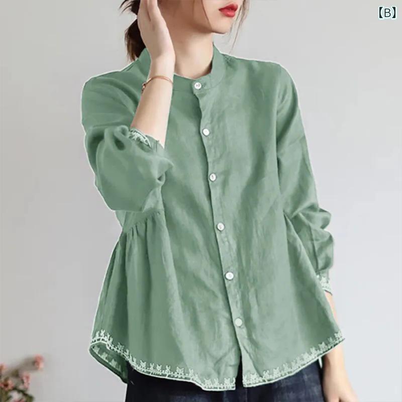　レディース　シャツ　トップス 春秋 リネン スタンドカラー シャツ 大きいサイズ ファッション 韓国 レトロ 文学 ゆったり 太い mm コットンリネン 長袖 トップ