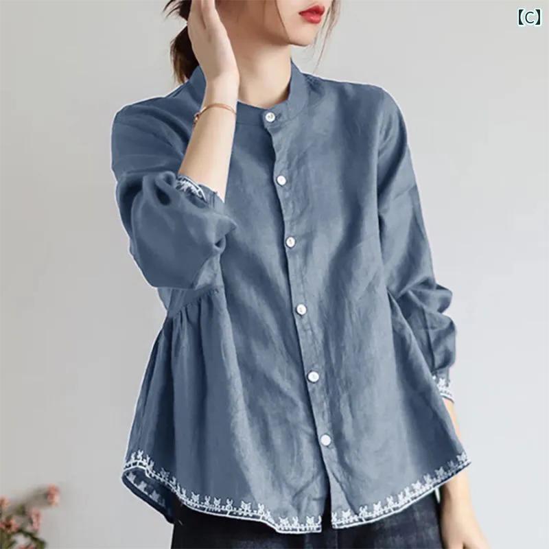 　レディース　シャツ　トップス 春秋 リネン スタンドカラー シャツ 大きいサイズ ファッション 韓国 レトロ 文学 ゆったり 太い mm コットンリネン 長袖 トップ