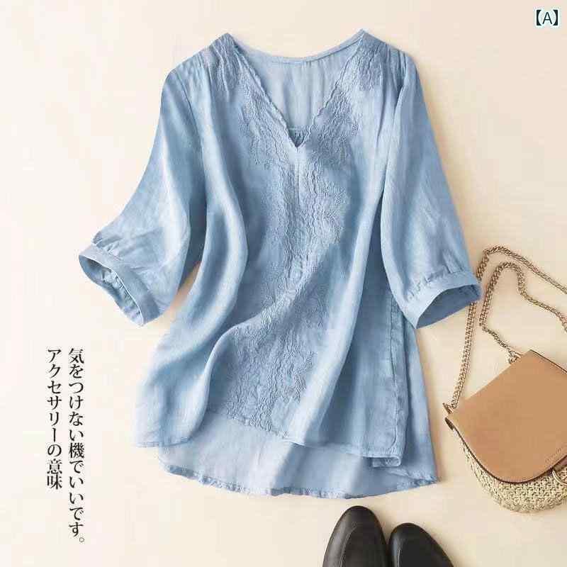 レディース シャツ トップス 夏の な リネン ラミー レディーストップス カジュアル 刺繍 コットンと リネンシャツ ゆったり ウエスタン 文学 シャツ