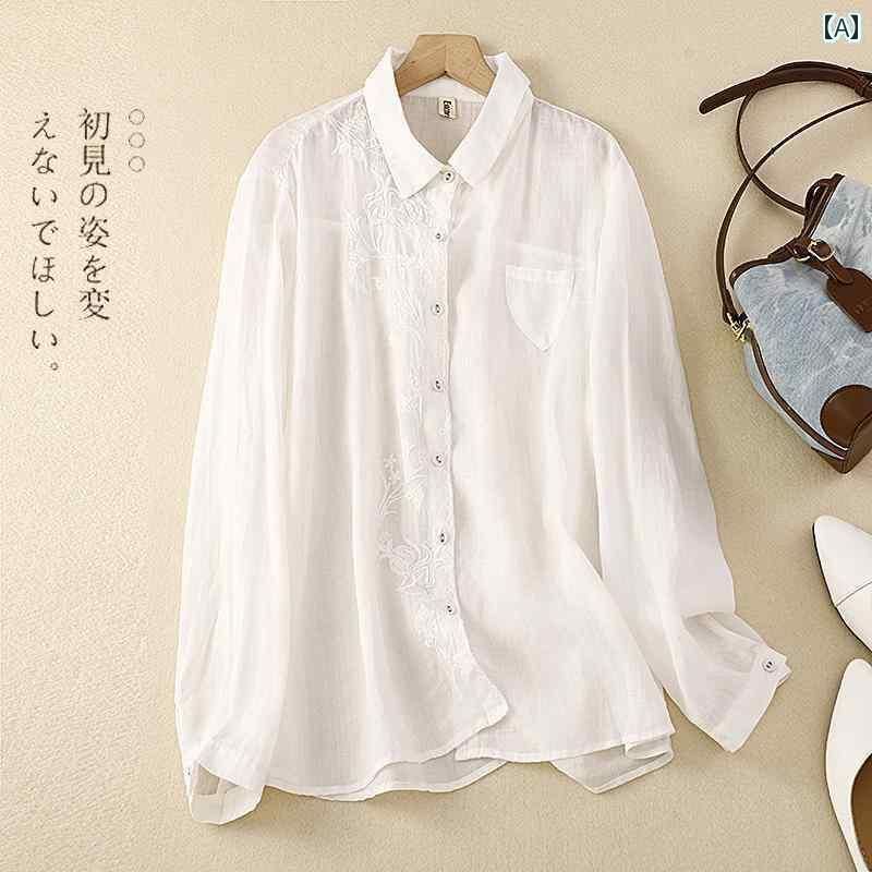 　レディース　シャツ　トップス カット ラベル レトロ 刺繍 ラミー シャツ レディース ゆったり 通勤 ..