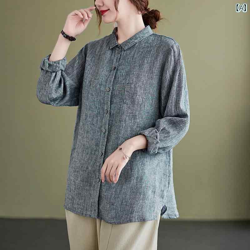 　レディース　シャツ　トップス 文学的な レトロ 綿 リネンの 長袖 シャツ レディーストップス 秋 ゆ..