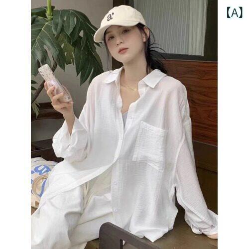 　レディース　シャツ　トップス フランス 風の 白い コットンと リネンの 日焼け防止 シャツ ジャケット 夏用 女性用 サスペンダー 付き 大きいサイズ mm スリム リネン トップ(4.0)