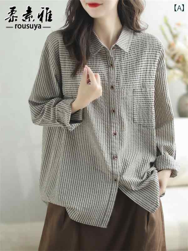 レディース　　シャツ　トップス 春秋 レディース レトロ ファッション カジュアル ストライプ トップス 大きいサイズ 高級 スリム コ..