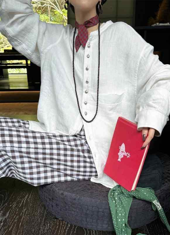 レディース　　シャツ　トップス 2024夏 ホワイト シルバー ボタン リネン ヘリンボーン シャツ リネン..