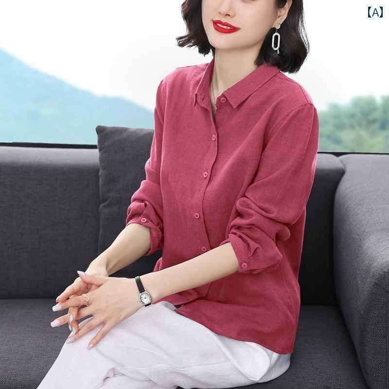 レディース　　シャツ　トップス Kozoff 2024 多彩な カラー 洗浄 リネン 長袖 シャツ レディース 夏の..