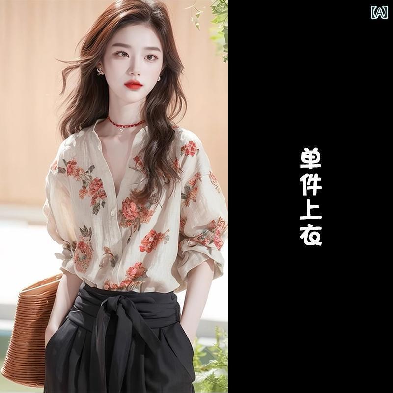 レディース　　シャツ　トップス フレンチ ユニークな 小さい トップス の 美しい シャツ 春先の リネン コットンと プリントの 長袖 女性用