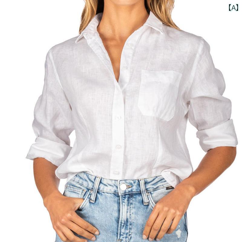 レディース　　シャツ　トップス リネン レディースシャツ 長袖 フレンチ スリムフィット ハイエンド ..