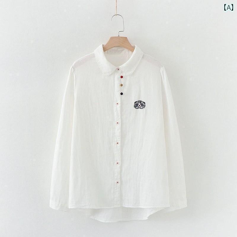 レディース　　シャツ　トップス リーク シングル 刺繍 白 シャツ レディース 長袖 カジュアル レイヤ..