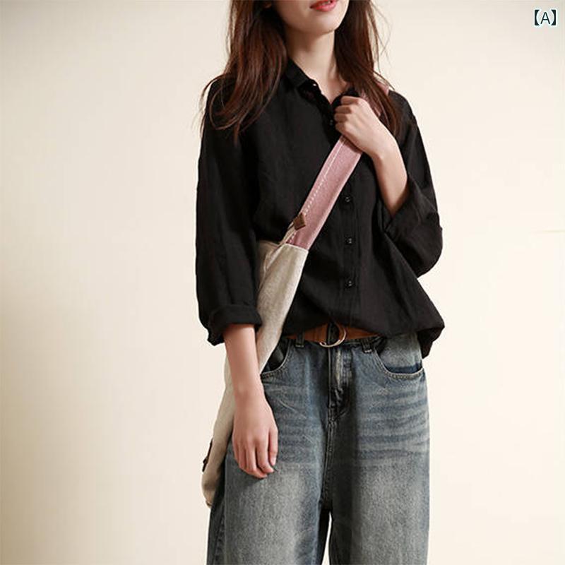 レディース　　シャツ　トップス コットンリネンの レトロ 文学 シャツ レディース 春秋 リネンの 高級..