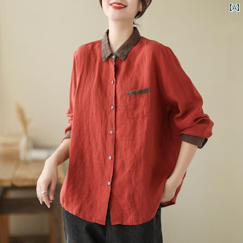 レディース　　シャツ　トップス 掘り出し物を 買う カウンターは 有名な の レディース 綿 リネンの 長袖 シャツ 芸術的な 対照的な 色のの カジュアル トップスを 撤回 しました(4)