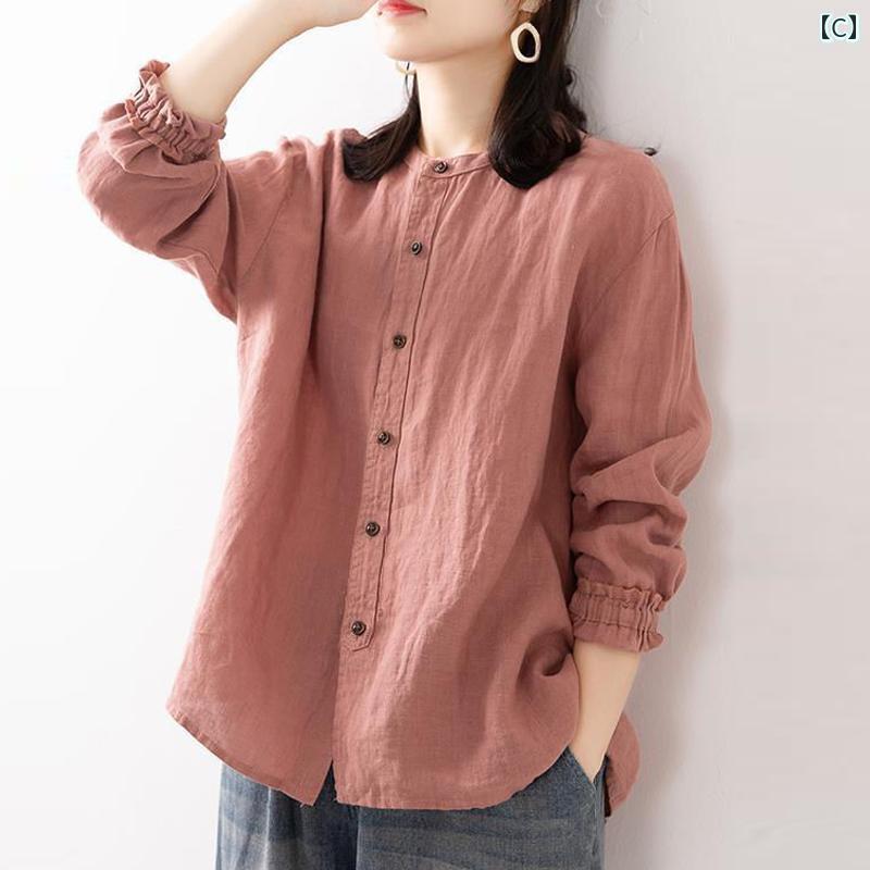 レディース　　シャツ　トップス 対外 フランス 単一 文学 レトロ 綿 リネン 長袖 シャツ レディース 春秋 大きいサイズ カジュアル カーディガン リネンシャツ