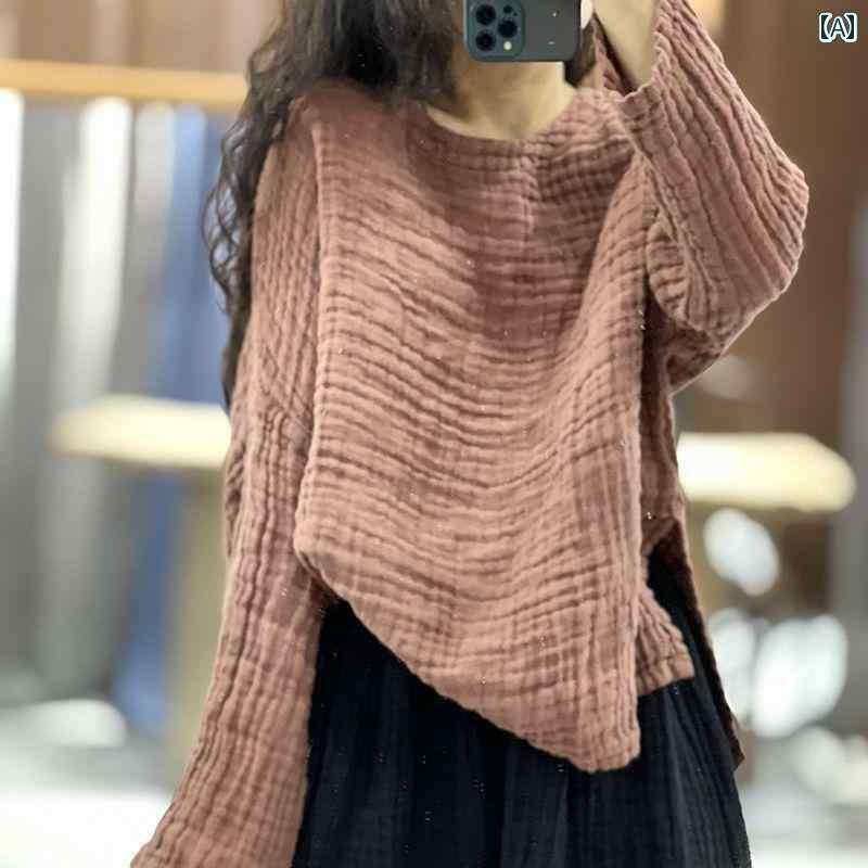 レディース　　シャツ　トップス 女性用 レトロ リネン トップス 秋 ゆったり スリム カジュアル 万能 ラウンドネック 長袖 シャツ