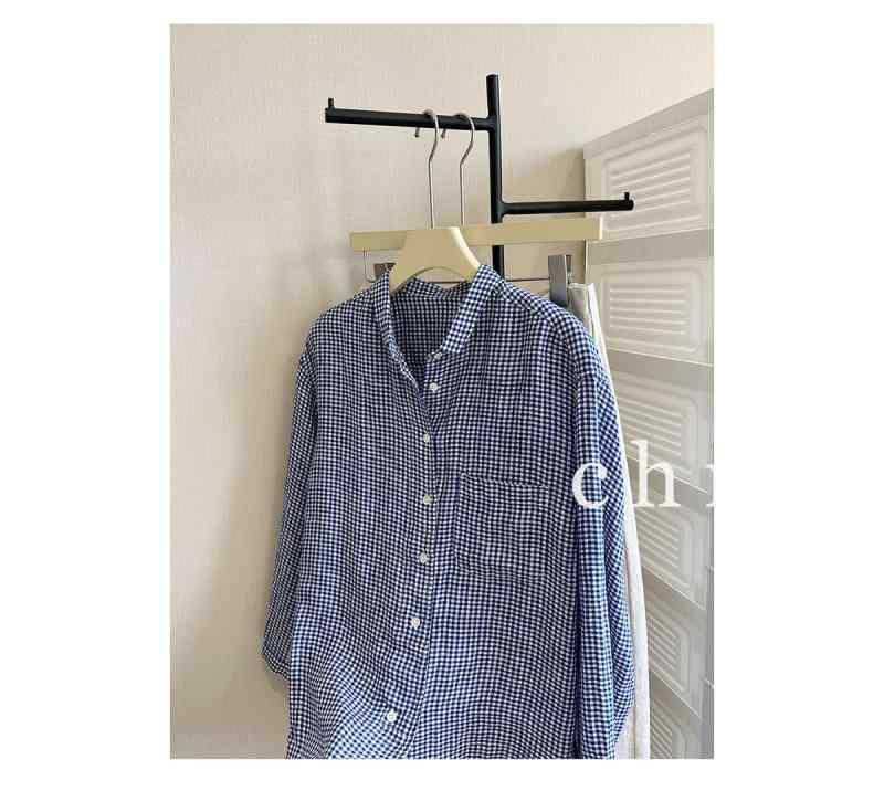 レディース　　シャツ　トップス 【 CHNE】 シンプル ブルーと ホワイトの 細かい チェックの 通気性と 着心地の 良い ゆったり リネンシャツ 11876