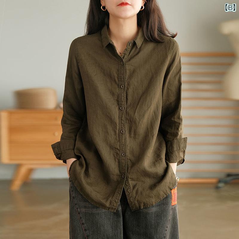 レディース　　シャツ　トップス 韓国 リネンシャツ レディース 春秋 ゆったり カジュアル コットンリ..