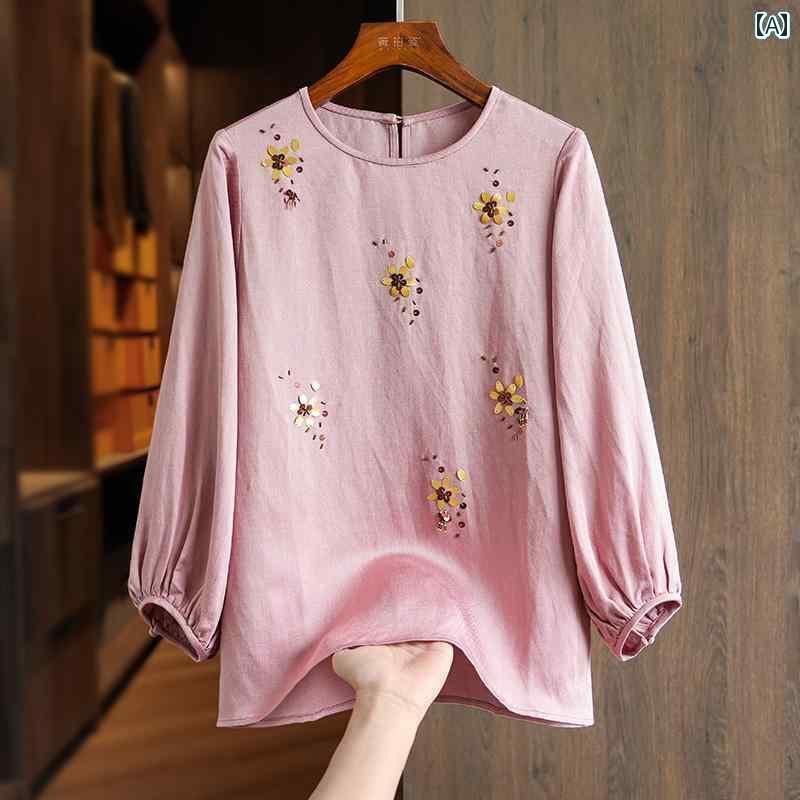 レディース　　シャツ　トップス センス 年齢を 減らす スパンコール リネンシャツ 女性用 2025 早春 ..