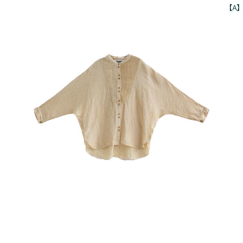 レディース　　シャツ　トップス Qixiang 婦人服 桑 絹 リネン プリーツ シャツ 無地 通勤 バット スリ..