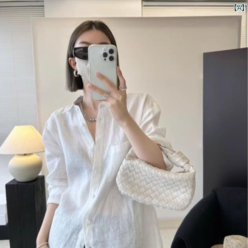 レディース　　シャツ　トップス リネンシャツ レディース ホワイト コットンリネン 日焼け防止 万能 ..