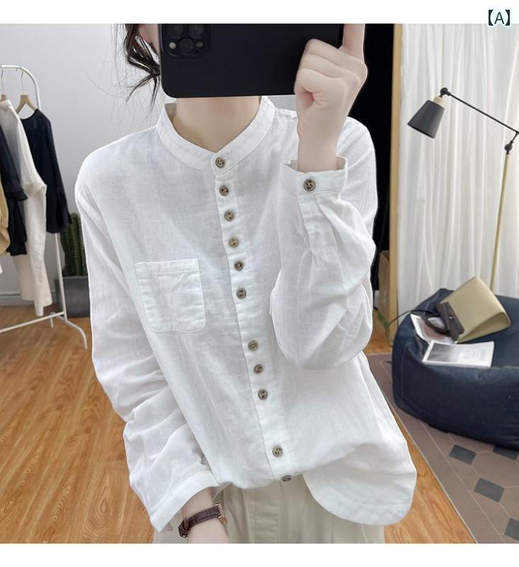 レディース　　シャツ　トップス ビッグ カウンター 撤退 レディース コットンリネン スタンドカラー シャツ ゆったり カジュアル 大きいサイズ スリム 長袖 トップス(4)